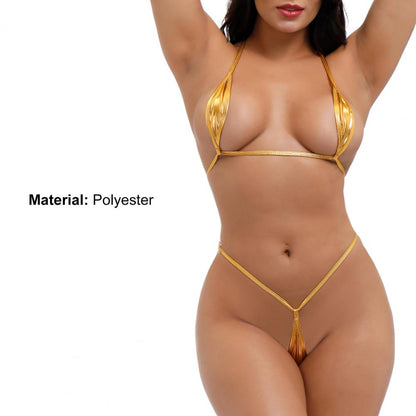 Women Swimwear Shiny Erotic Mini Bikini Lingerie Set Halter Neck Bra Micro G String Thong Underwear PU Patent Leather Swimsuit