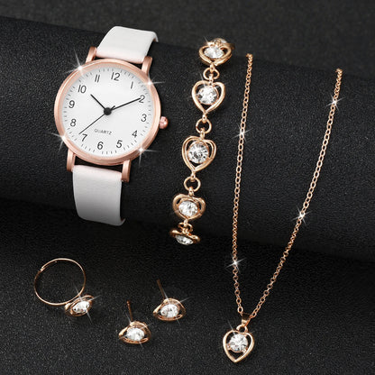 5/6PCS Fashion Women's Quartz Watch Leather Band Analog Quartz Watches with Diamond Jewelry (Without Box)
