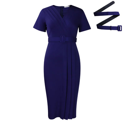 Summer New 2026 Women's Solid Color V-Neck Short Sleeve Dress Pencil Skirt Waist Tunle Material Fashionable Casual Maxi Dress