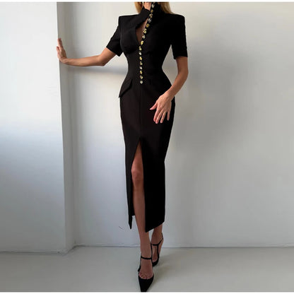Women's High Neck Bodycon Midi Dress Short Sleeve Gold Button Split Hem Dresses 2026 Female Elegant Formal Evening Party Robe