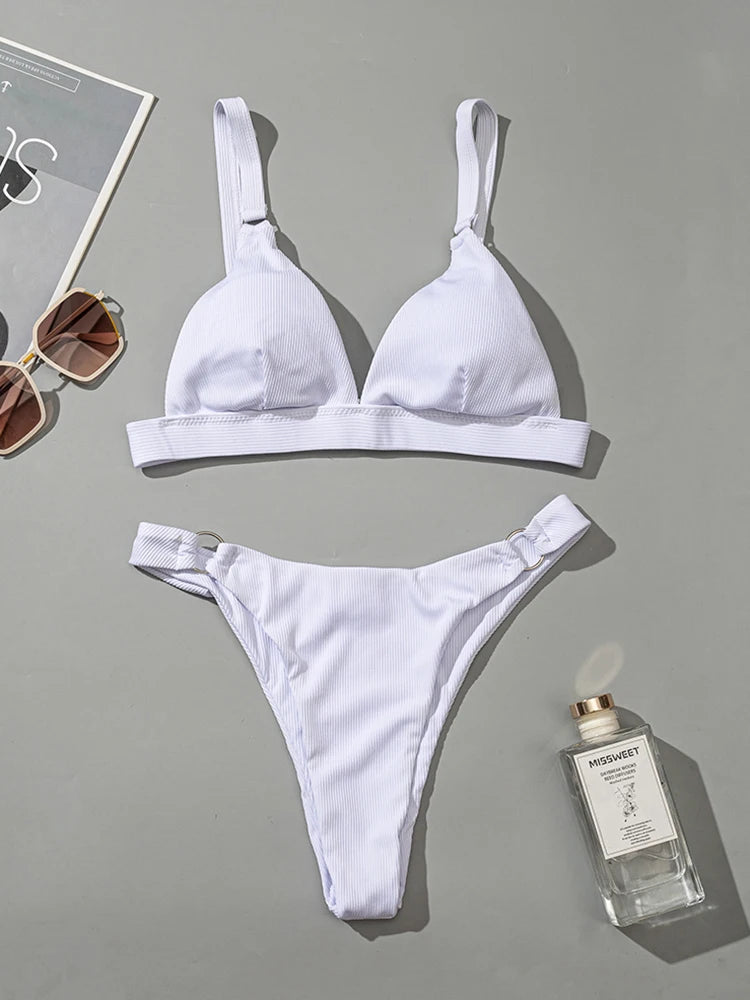 Sexy high leg cut ribbed bikini women Metal ring swimwear female swimsuit solid color bikini set padded beachwear bathing suit