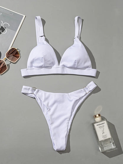 Sexy high leg cut ribbed bikini women Metal ring swimwear female swimsuit solid color bikini set padded beachwear bathing suit