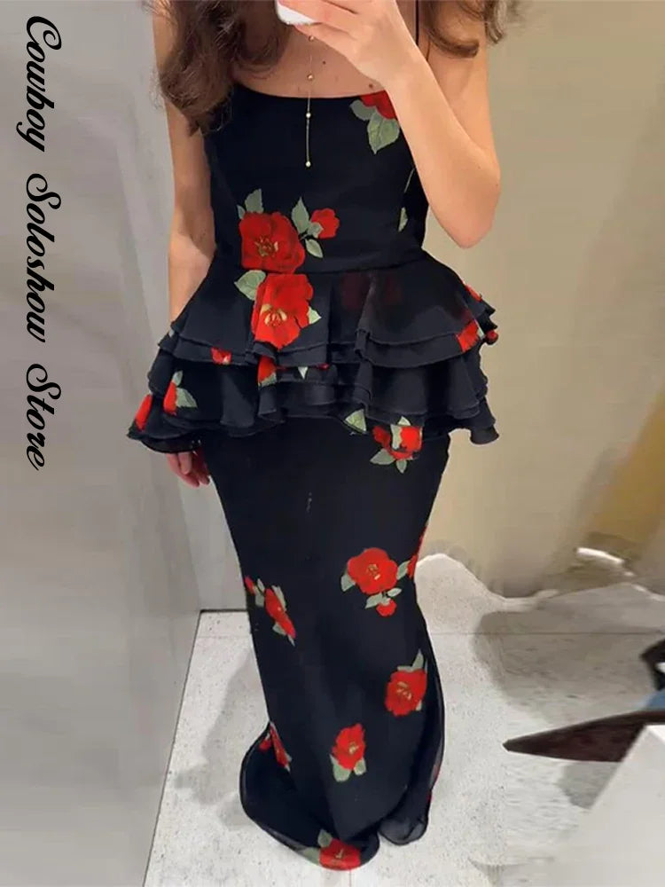 Printed Ruffle Top Skirt Set Women Slim Sling Sleeveless Backless Vest Straight Long Skirts 2025 Summer Elegant Sexy Lady Outfit