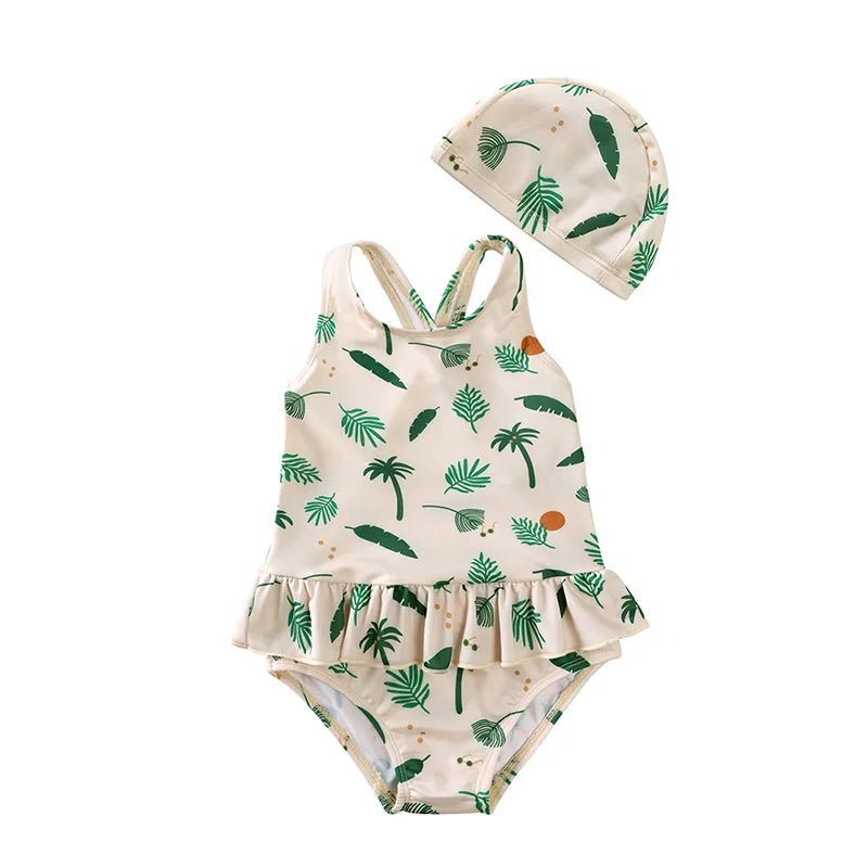 Girls Cute Backless Floral One-piece Swimsuit Baby Bikini Swimwear with hat Sun-proof Beach Vacation Toddlers Kids Chic Swimsuit