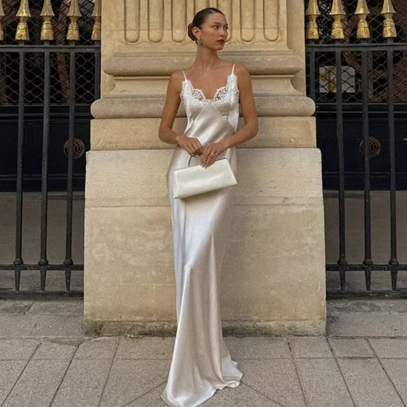 2025 Elegant Satin Solid Maxi Dresses Women Luxury Lace Splicing Sleeveless Off Shoulder Backless V-neck Robe Lady Party Outfits