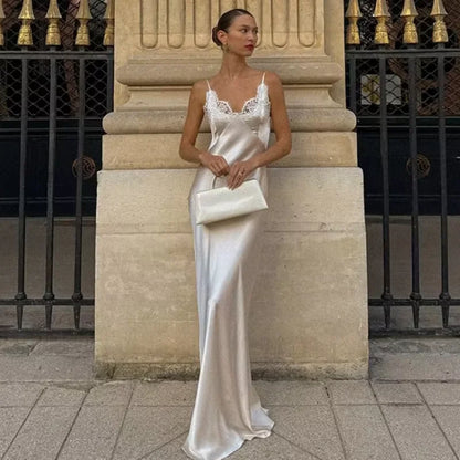 2025 Elegant Satin Solid Maxi Dresses Women Luxury Lace Splicing Sleeveless Off Shoulder Backless V-neck Robe Lady Party Outfits