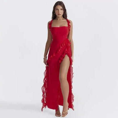 Giyu Sexy Ruffles Summer Dress 2025 Women Clothing Elegant Holiday Club Evening Party Dresses Slash Neck Split Bodycon Long Robe