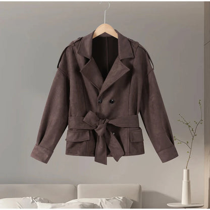 Women's Faux Suede Cropped Trench Coat Jacket Belted Notched Lapel Lace-up Retro Chic Outerwear Spring New High Street Outfit