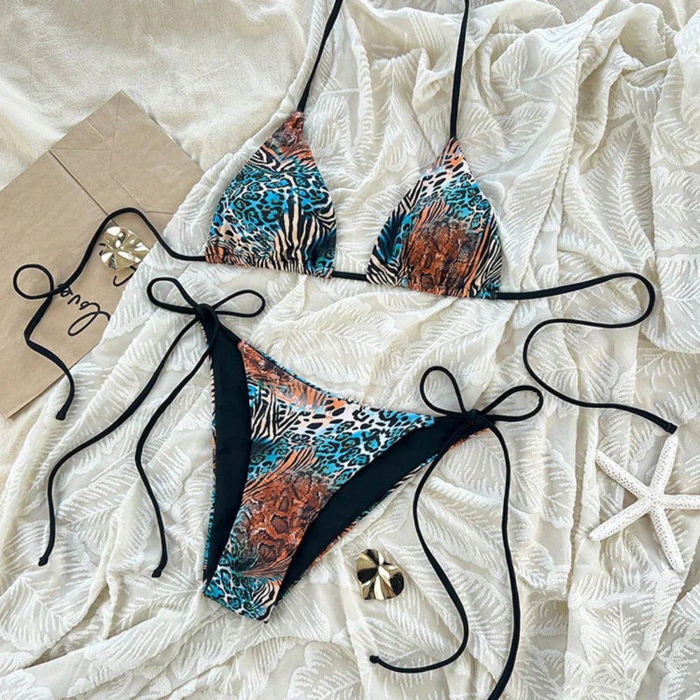 Sexy Leopard Print Two Piece Swimsuit Set Triangle Bra Suspender Halter Backless Bikini Set Beach Vacation Lace-up Swimwear 2025