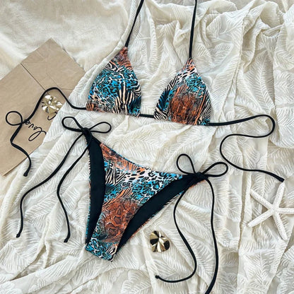Sexy Leopard Print Two Piece Swimsuit Set Triangle Bra Suspender Halter Backless Bikini Set Beach Vacation Lace-up Swimwear 2025