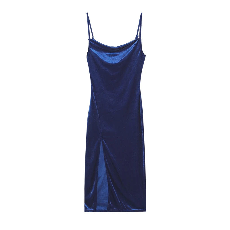 Velvet Swing Collar Sleeveless Slip Sexy Slit Maxi Dress 2024 New Fashion Evening Party Women Elegant Streetwear Y2K