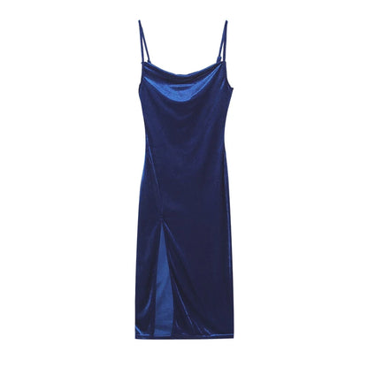Velvet Swing Collar Sleeveless Slip Sexy Slit Maxi Dress 2024 New Fashion Evening Party Women Elegant Streetwear Y2K
