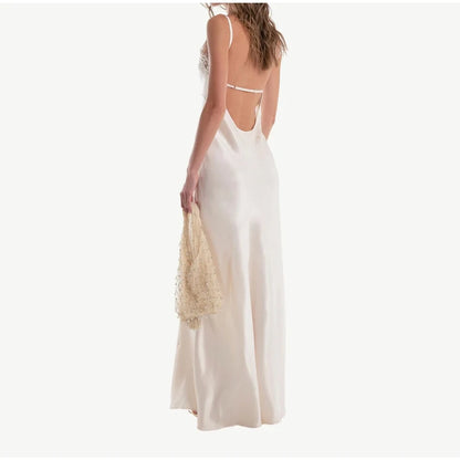 Lace Patchwork Sling Maxi Dress Women Sexy Solid V-neck Sleeveless Backless Satin Slim Long Gown Lady Chic Evening Party Dresses