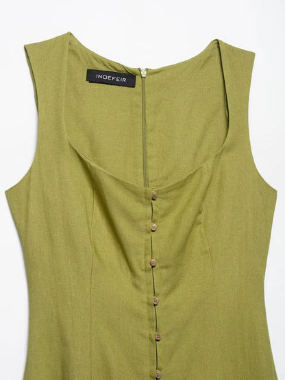 2025 Summer Elegant Dress Women Fashion Solid Square Collar Sleeveless Single Breasted Dress Ladies Vacation Green Spilt Dresses