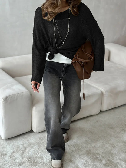 Bornladies Simple Solid Color Long Sleeved Sweater Women's Spring Knitted Hollow Top Loose Versatile Casual Sweater Pullovers