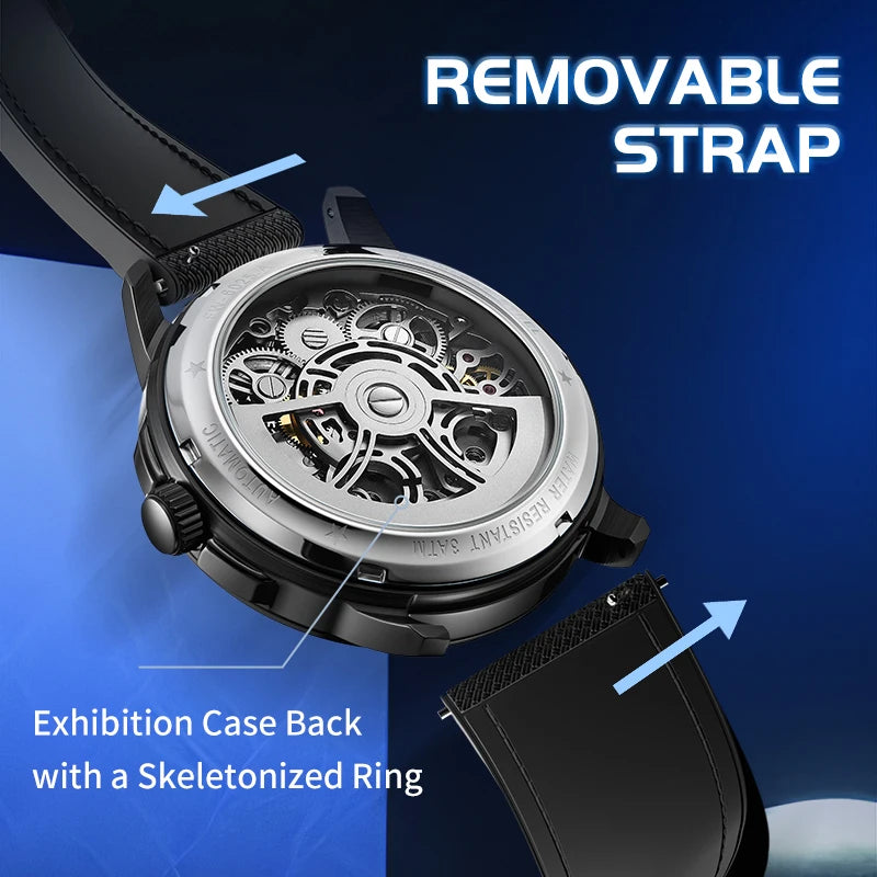 Mark Fairwhale Fashion Watches Mens Silicone Strap Waterproof Automatic Skeleton Mechanical Watch