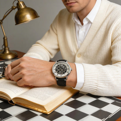 Men automatic watch chess checjerboard mechanical watches waterproof vintage business luminous skeleton leather gift for you
