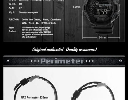 SKMEI 1243 Men Multifunction 5Bar Waterproof PU Strap LED Display Watches Chrono Digital Watch reloj hombre Outdoor Sport Watch