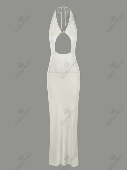 Sexy Knit Halter V Neck Slit Beach Maxi Dress For Women 2026 Chic Button Cut Out Backless Party Dresses Swimwear Cover Up A3151