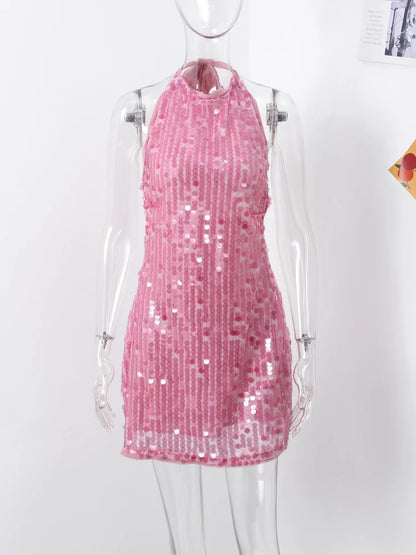 Halter Collar Bead Dress Sequin Glitter Lace Up Hanging Neck Fashion Sexy Backless Socialite Party Gown Pink Beach Short Dresses