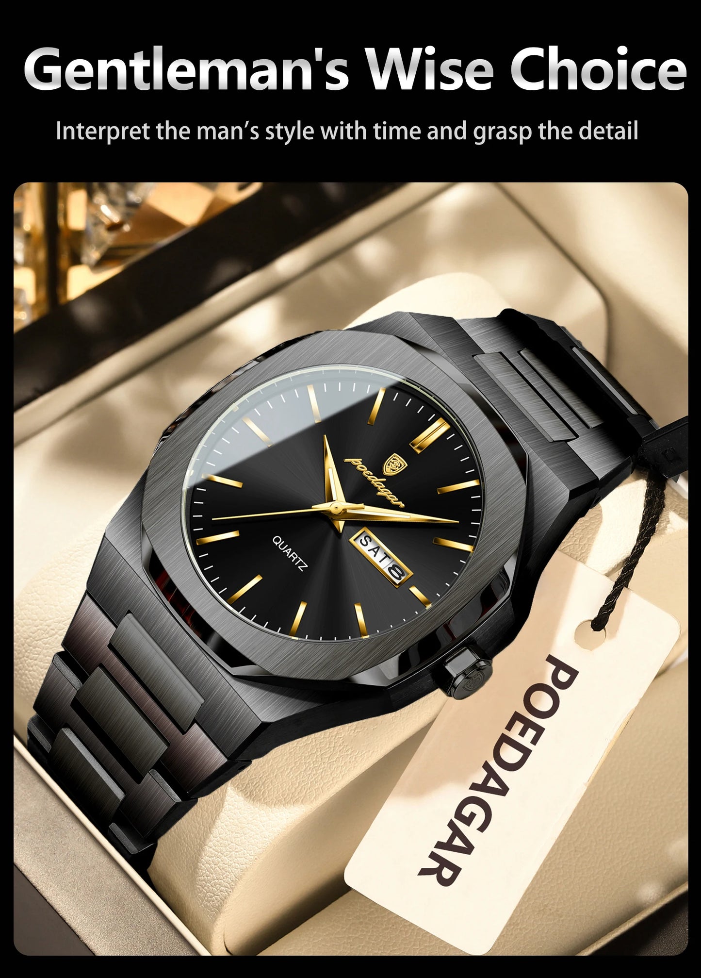 POEDAGAR Fashion Brand Man Clock Luminous Waterproof Stainless Steel Men's Watch Date Week Quartz Business Watches For Men Reloj