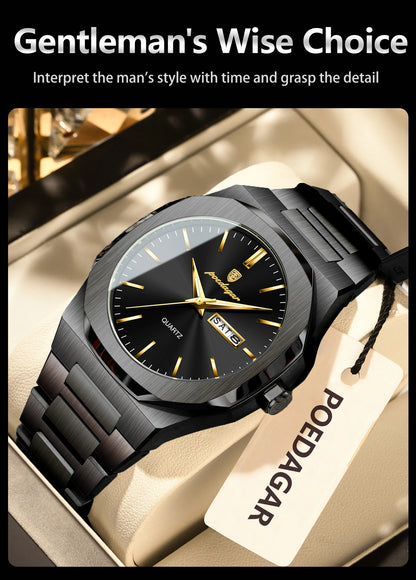 POEDAGAR Fashion Brand Man Clock Luminous Waterproof Stainless Steel Men's Watch Date Week Quartz Business Watches For Men Reloj