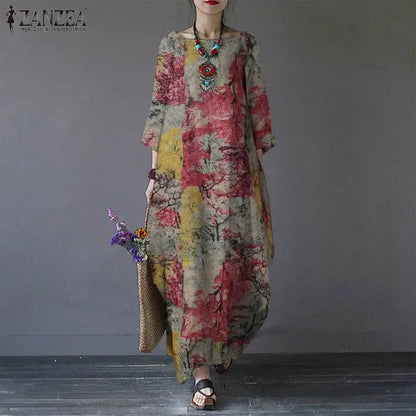 ZANZEA Bohemian Vintage Robe Women Maxi Long Dress Elegant Floral Printed Sundress Causal Loose Cotton Vestidos Autumn Dresses