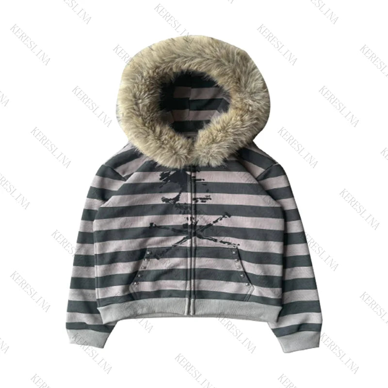 Fur collar cardigan zipper hooded jacket autumn and winter punk hip-hop rock dark style rock fashion all-match Y2K retro jacket
