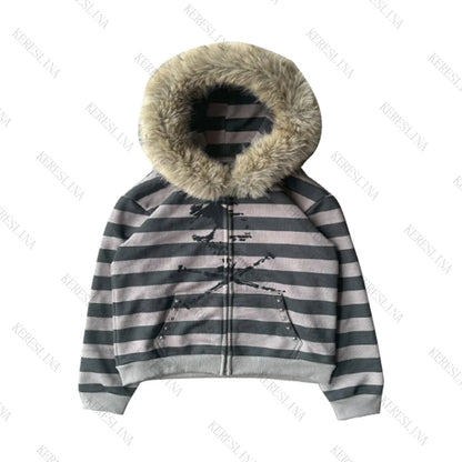 Fur collar cardigan zipper hooded jacket autumn and winter punk hip-hop rock dark style rock fashion all-match Y2K retro jacket