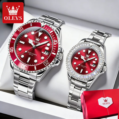 OLEVS Top Brand Couple Watches Trend Luxury Fine Steel Original Quartz Wristwatch for Lover Exquisite Gift Box Waterproof 2Pcs