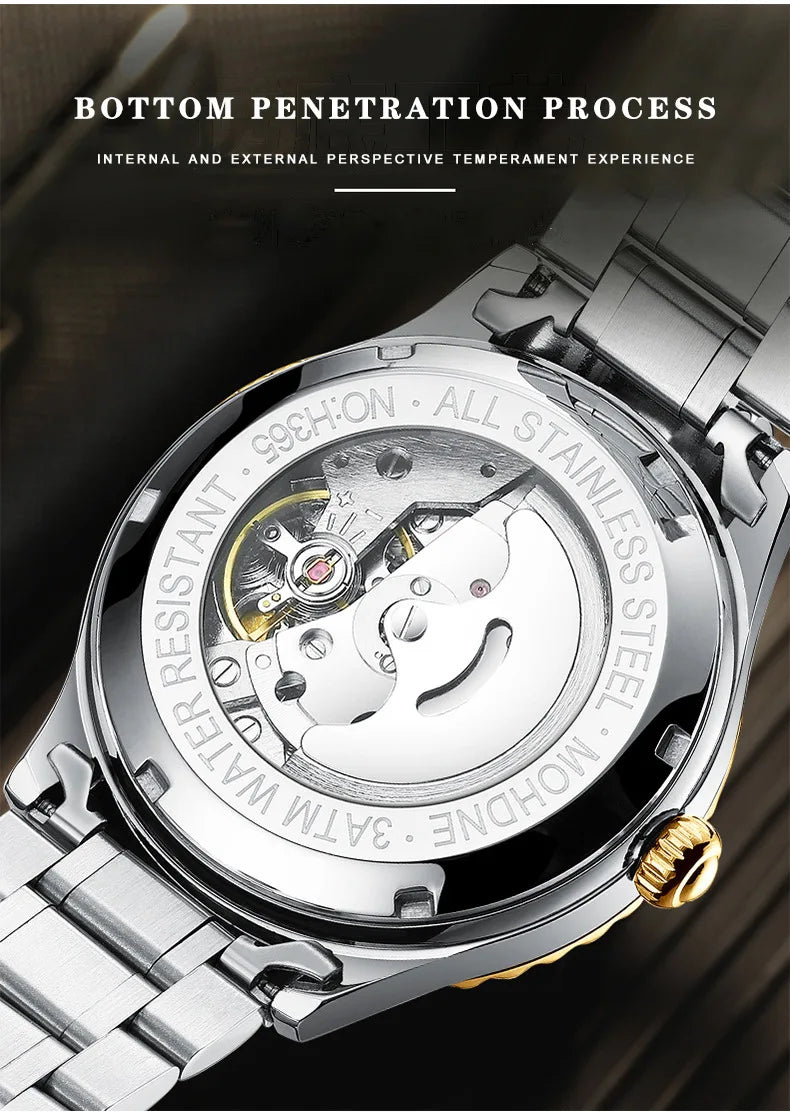Bindond Mens Automatic Mechanical Watches Top Brand Luxury Stainless Steel Waterproof Hollow Male Wristwatches Relogio Masculino