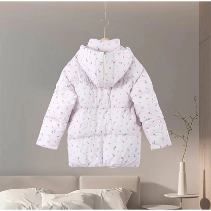 Printed Hooded Puffy Cotton Jacket Women Stand Collar Long Sleeve Zipper Loose Padded Coats 2025 Winter Lady Warm Outwear Street