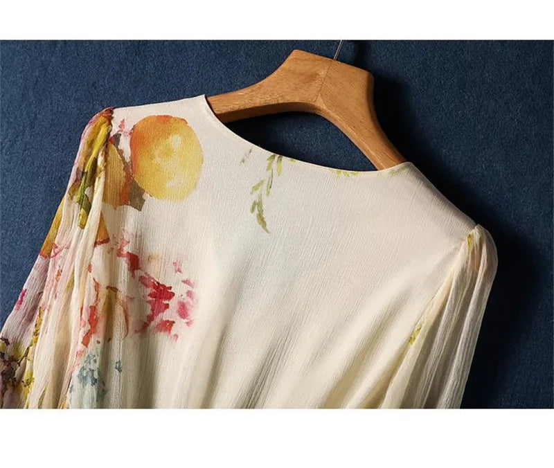 Limiguyue Summer Floral Print Silk Dresses Double Layers Ruffle Beaded Button A-Line Dress Elegant Chiffon Long Vestidos Z044
