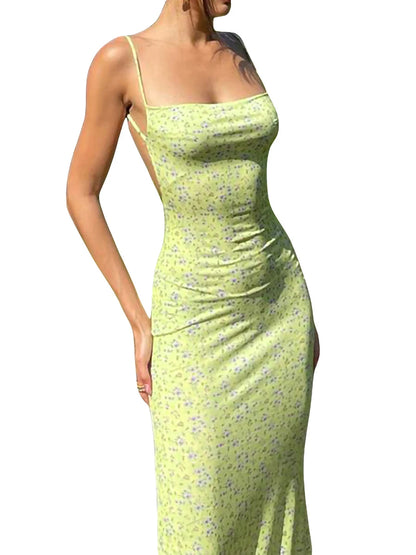 New Fashion Women´s Sexy Dress, Spaghetti Strap Sleeveless Backless Slim Fit Floral Printed Long Dresses