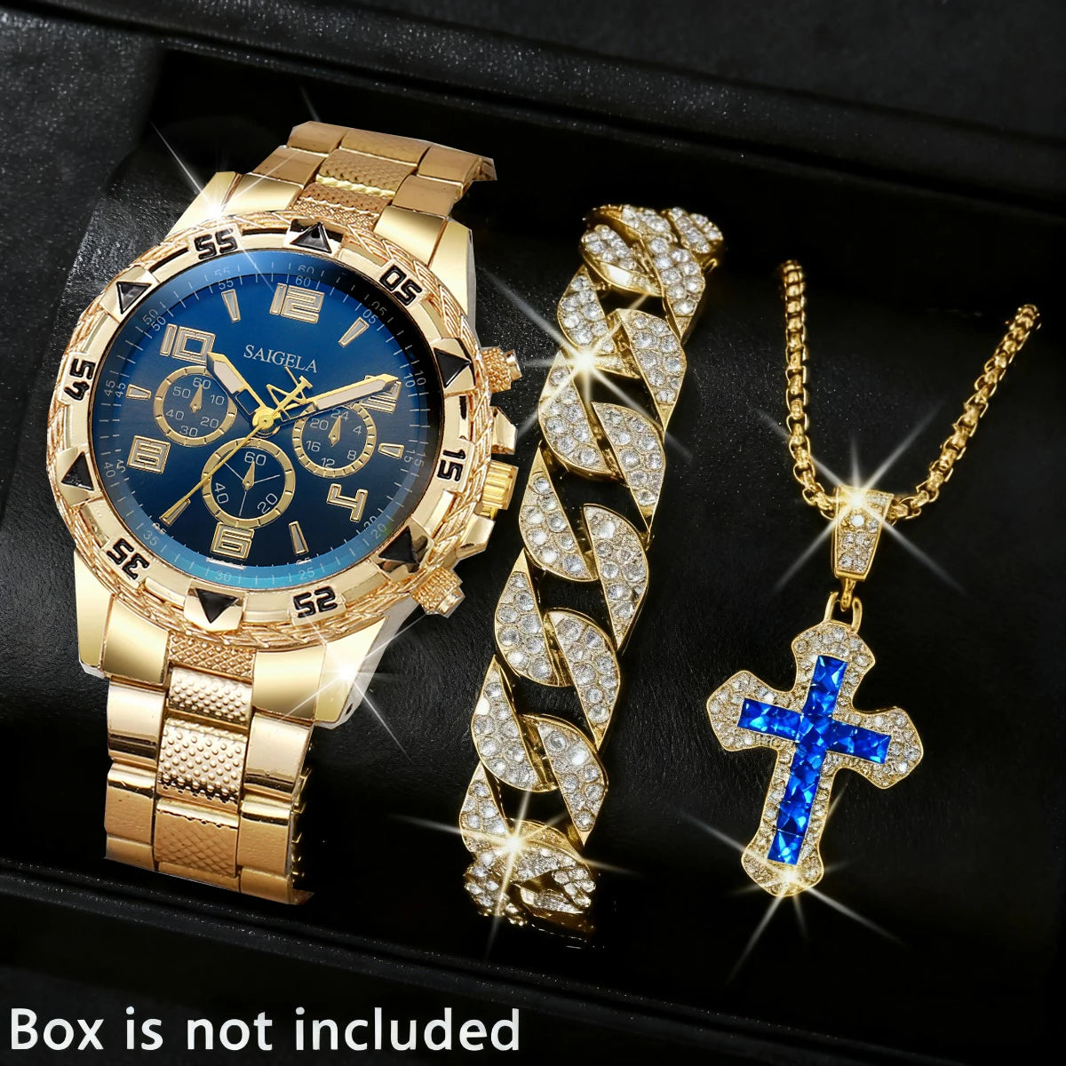 3PCS/Set Luxury Stainless Steel Band Men Business Watches Fashion Male's Quartz Watch Hip-hop Diamond Jewelry Set (Without Box）