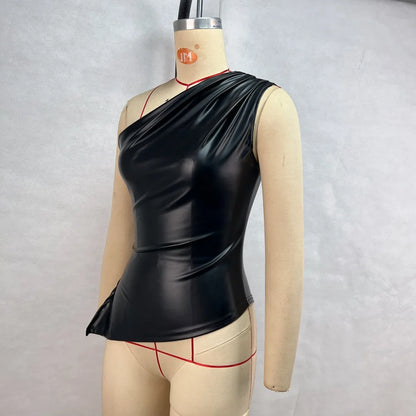 Solid color leather sleeveless irregular single shoulder sloping collar sexy slim zipper T-shirt