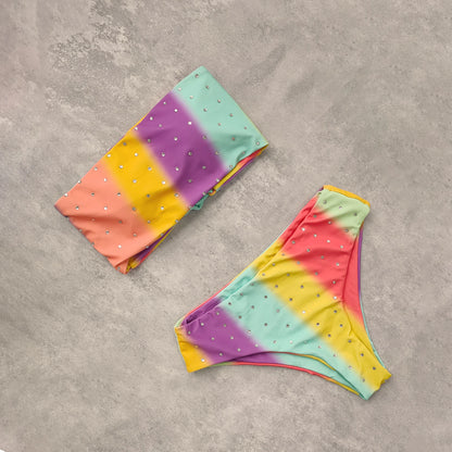 Reversible Bikinis Women Bandeau Swimwear Back Cross Halter Swimsuit Print High Waist Bathing Suit Femme Swim Wear Summer