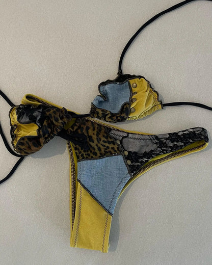 2025 Sexy Lace-up Splicing Brazilian Bikini Sets Thong Swimsuit Women Swimwear Micro Bikinis Beachwear Bathing Suits Bandeau