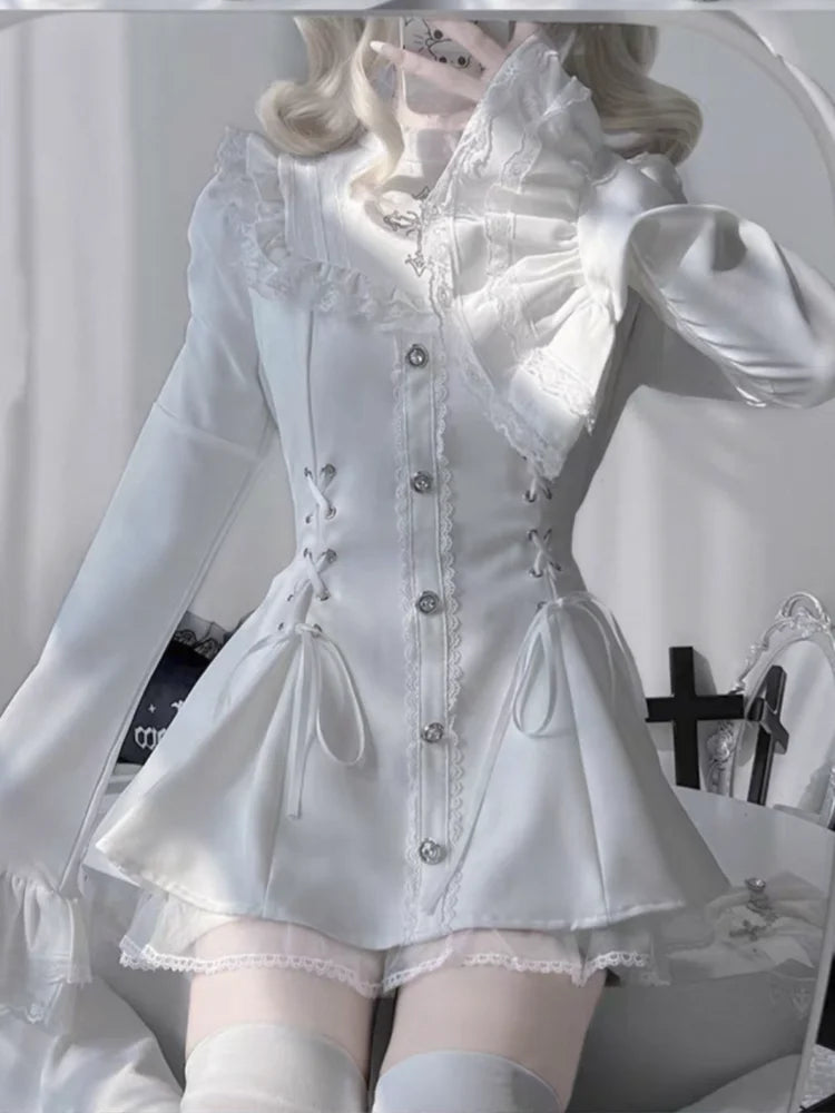 Gothic Vintage Hot Girl Slim Patchwork Dress Women High Street Lace Skinny Long Sleeve Dresses France Sweet White Clothing New