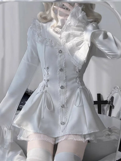 Gothic Vintage Hot Girl Slim Patchwork Dress Women High Street Lace Skinny Long Sleeve Dresses France Sweet White Clothing New
