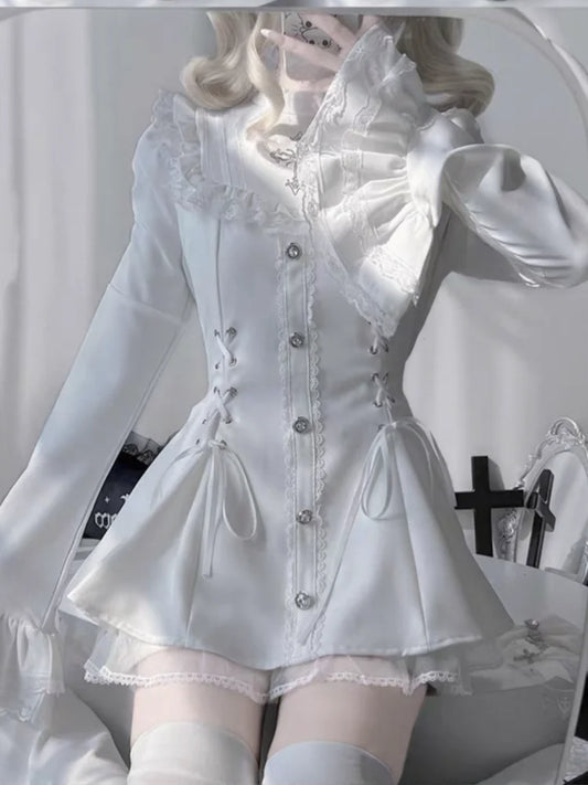 Gothic Vintage Hot Girl Slim Patchwork Dress Women High Street Lace Skinny Long Sleeve Dresses France Sweet White Clothing New