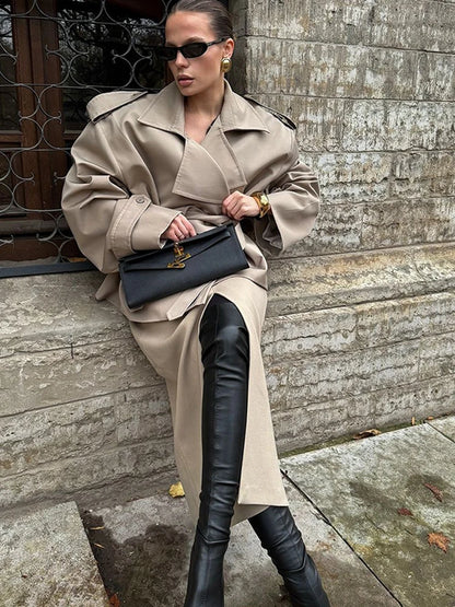 Solid Lapel Lace Up Jacket Elegant Chic Full Sleeve Button Loose Long Coat For Women Office Lady Daily Commute Overcoat 2026 New