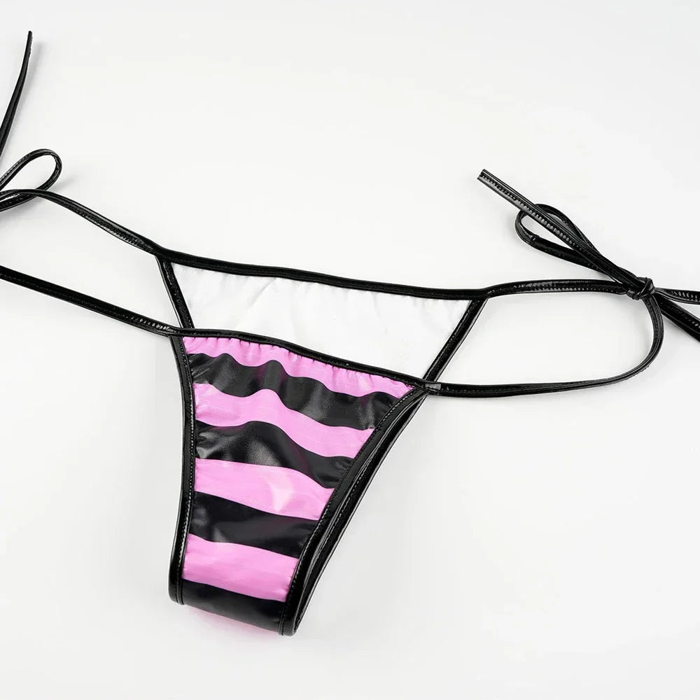 Summer PU Leather Micro Bikini Set Women Swimsuit Stripes Bright Anime Swimwear Erotic Underwear Sexy Lingerie Costume