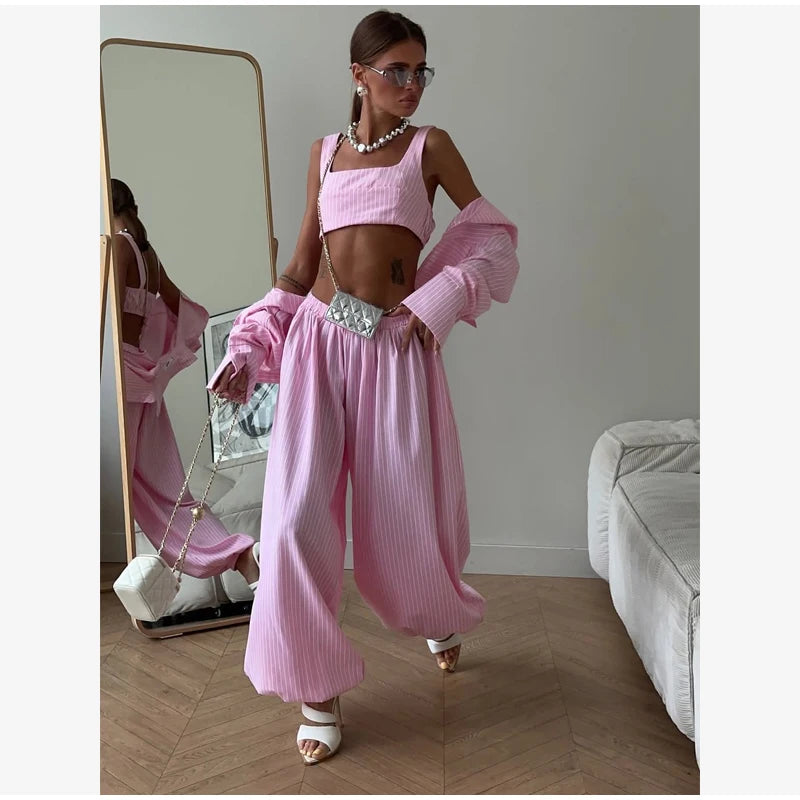 Women Low-rise Lantern Pants 3-piece Set Casual Striped Sleeveless Vest Long Sleeve Lapel Shirt Sets 2026 Lady Street Outfits