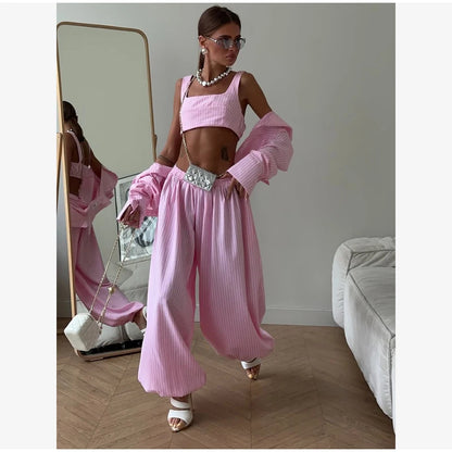 Women Low-rise Lantern Pants 3-piece Set Casual Striped Sleeveless Vest Long Sleeve Lapel Shirt Sets 2026 Lady Street Outfits