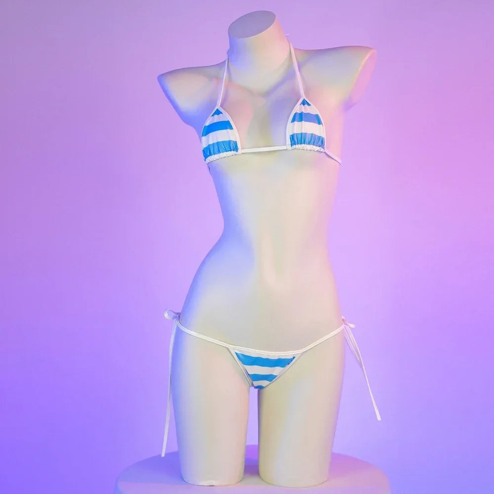 Summer PU Leather Micro Bikini Set Women Swimsuit Stripes Bright Anime Swimwear Erotic Underwear Sexy Lingerie Costume