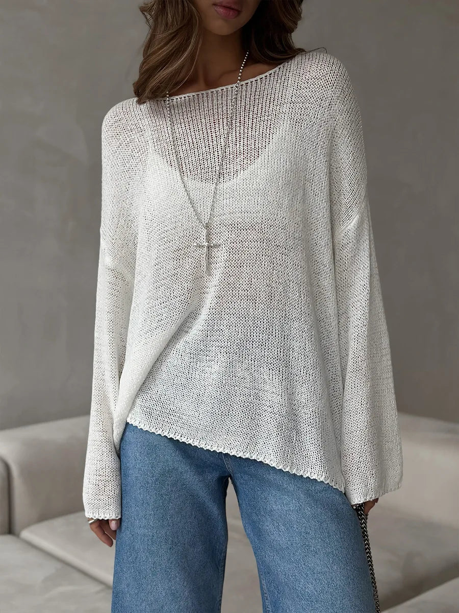 Bornladies Simple Solid Color Long Sleeved Sweater Women's Spring Knitted Hollow Top Loose Versatile Casual Sweater Pullovers