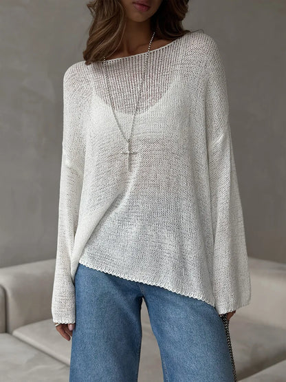 Bornladies Simple Solid Color Long Sleeved Sweater Women's Spring Knitted Hollow Top Loose Versatile Casual Sweater Pullovers