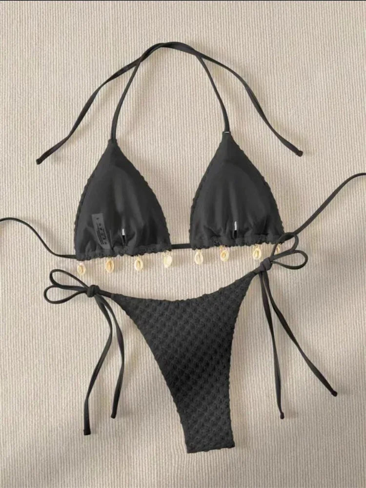 Sexy Bikini Set Shell Designer Swimsuit 2025 White Black Push Up Micro Bikinis Summer Bathing Suit Tie Side Triangle Swimwear
