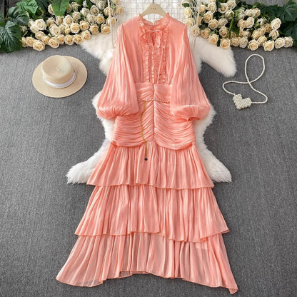 Elegant Autumn Ruffles Long Sleeve Maxi Mermaid Dress Women Hollow Out Casual Satin Fishtail Cake Dresses Prom Evening Vestidos